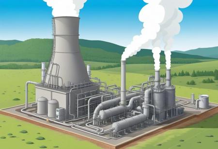 geothermal_power_plant, geothermal_turbine, steam_vent, cooling_tower, industrial_piping, geothermal_well, energy_generation, renewable_energy, natural_landscape, outdoors, clear_sky, cartoon