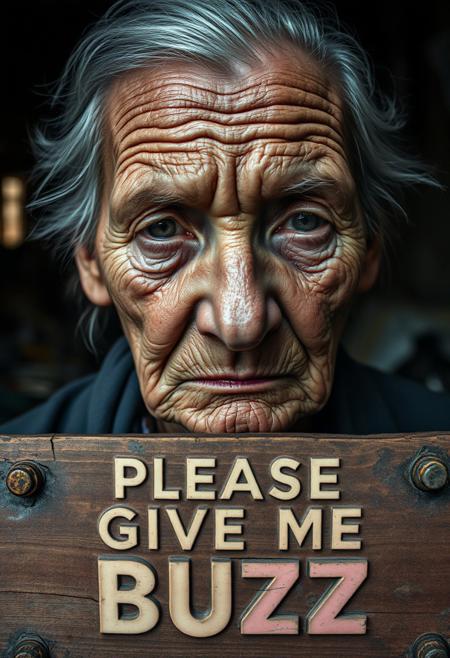 “An elderly woman with deeply wrinkled, weathered skin is captured in a close-up using a 50mm Panavision Prime lens, revealing every intricate detail of her face. Dramatic lighting casts heavy shadows, highlighting the sorrow and exhaustion etched into her features. Her eyes, full of suffering, speak to years of hardship. The background, softly blurred, suggests a decaying slum with crumbling walls and debris. At the lower part of the image, a cracked wooden panel with rusted nails holds bold, capital letters carved into the wood, reading ‘PLEASE GIVE ME BUZZ.’ The text, in a pastel color, blends with the wood grain, intensifying the gritty, distressed atmosphere, adding an ironic contrast to the somber mood.”