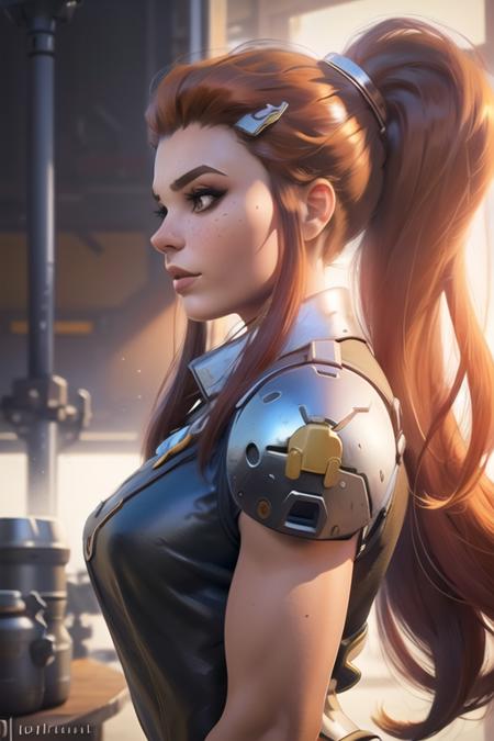 (best quality, masterpiece:1.1), (((((1girl))))),  side view, shirt,  parted lips, portrait,  backlighting, depth of field, natural lighting, soft focus, brigitte\(overwatch\),  <lora:brigitteOverwatch_v1:1>