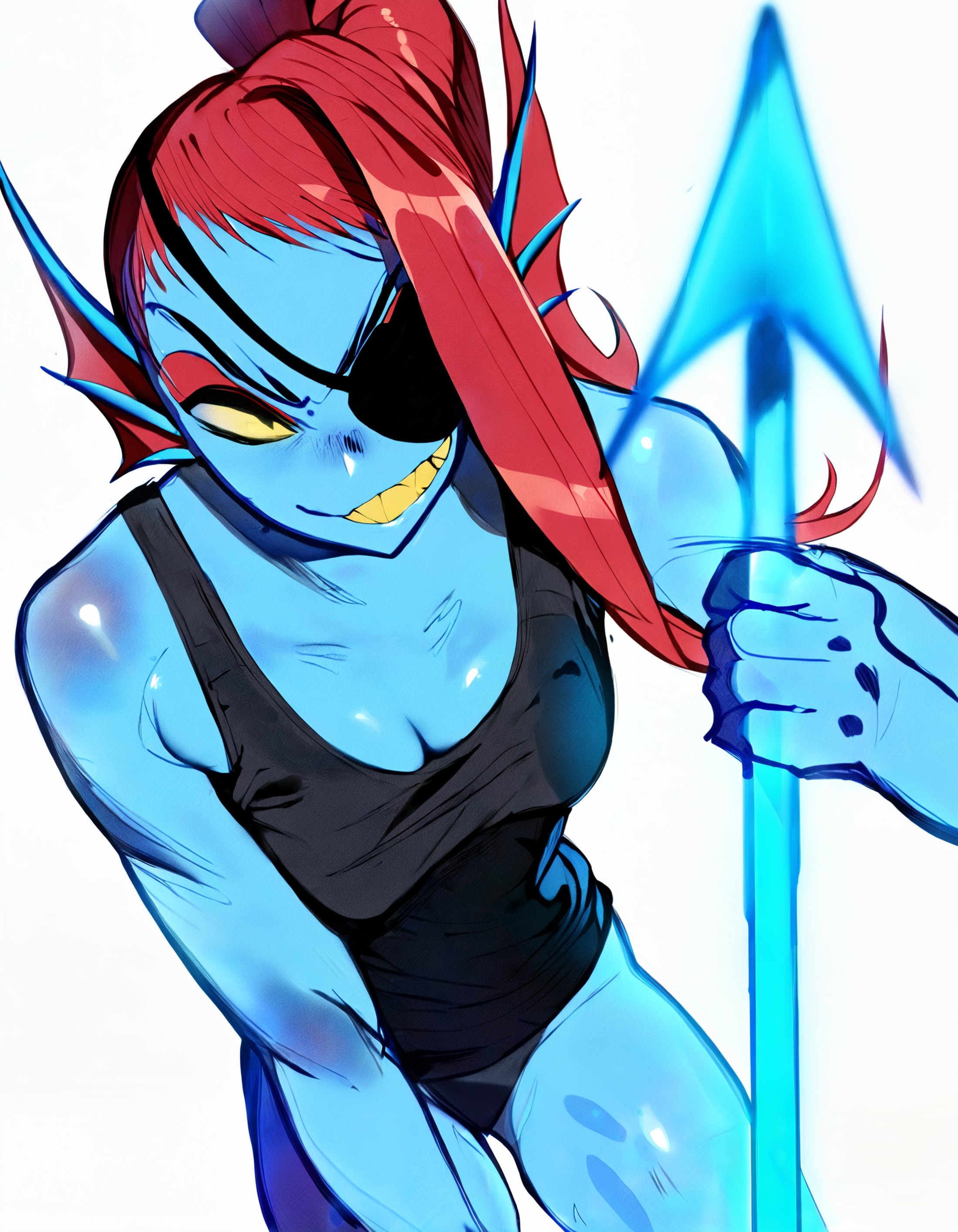 undyne_(undertale), 1girl, black tank top, blue skin, eyepatch, holding glowing blue spear, smirking, red hair, masterpiec...