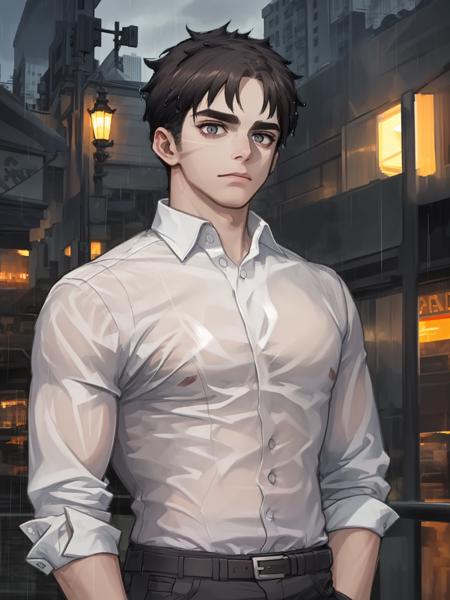 bytm, white shirt,upper body,rainy,city,lighting effect,1boy,masterpiece, best quality,  <lora:bytm-2:0.9>