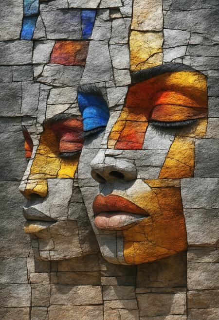 Visualize a vibrant, fractured vision of the Great Zimbabwe ruins, rendered in a Cubist style reminiscent of African textiles and stained glass. Imagine the stone walls and towers broken into geometric shards, reassembled in a dynamic, multi-perspective composition. Sunlight penetrates the fractured structures, casting dramatic shadows and illuminating intricate carvings depicting ancestral spirits and mythical creatures. The color palette draws from the warm earth tones of the landscape, contrasted with the bold blues, reds, and yellows of traditional Shona art. Photorealistic details should be reserved for the faces of the spirits and the textures of the weathered stone, intensifying the contrast with the fragmented, Cubist structure. Convey a sense of historical grandeur, spiritual significance, and the enduring legacy of a lost civilization. Render in 8k resolution, emphasizing volumetric lighting and intricate details to create a mesmerizing and evocative atmosphere.