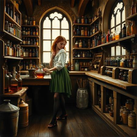 a masterful oil painting in the style of Rembrandt. a medieval apothecary shop, a woman with chestnut hair is wearing a short green skirt, white blouse and black hose with medieval leather sandals, she is mixing a potion at a workbench. Shelves full of exotic, brightly coloured jars and bottles line the wall. The wooden floor is black with age. A large window at  brightly illuminates the scene.