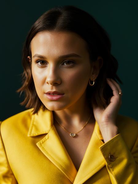 Realistic photo of a beautiful M1ll13bb-v1 woman, 1girl, solo, looking at viewer, short hair, simple background, brown hair, long sleeves, white background, jewelry, standing, earrings, pants, lips, realistic, hands in pockets, yellow pants, nose, soft lighting, professional Photography, Photorealistic, detailed, RAW, analog, sharp focus, 8k, HD, high quality, masterpiece<lora:M1ll13bb-v1:1.0>