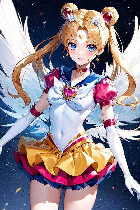 aausagi, double bun, twintails, parted bangs, circlet, jewelry, earrings, choker, red bow, white gloves, elbow gloves, blue skirt aausagi, double bun, twintails, parted bangs, hair ornament, circlet, jewelry, earrings, choker, see-through, red bow, white gloves, elbow gloves, multicolored skirt aausagi, double bun, twintails, parted bangs, hair ornament, crescent facial mark, jewelry, earrings, choker, puffy short sleeves, pink sleeves, heart brooch, white gloves, elbow gloves, layered skirt