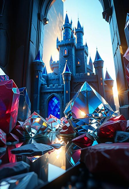 Ultrarealistic. sharp focus, dynamic lighting. play of light, reflection, refraction, Raytracing, Ultra detailed. crystalized. A blue castle made of rp_slgd.