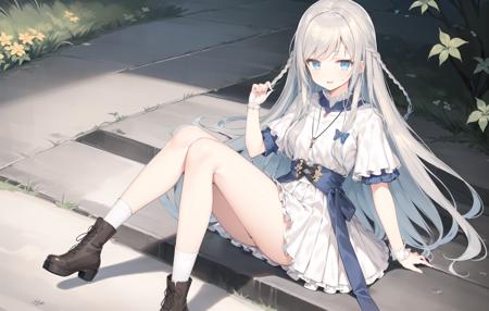 <lora:morino_seika_publish:0.8>,1girl, solo, long hair, butterfly hair ornament,blue eyes, jewelry, bangs, dress, long sleeves, braid, necklace, socks, white dress, very long hair, cross-laced footwear, short sleeves, bow,blush, pendant, layered sleeves,short over long sleeves, ankle boots, white socks,blue bow, breasts,outdoors,