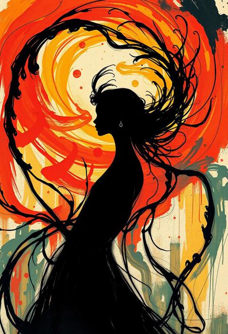 A mysterious woman with elongated features, her black inked silhouette framed by swirling, vividly colored brushstrokes
intricate Art Nouveau linework meets bold Fauvist expressionism, high-contrast black-and-white elegance fused with vivid, dynamic color, flowing organic forms juxtaposed with thick, gestural brushstrokes, stylized and elongated figures with expressive, raw energy, rich textures blending fine detail and painterly abstraction, dramatic composition with strong movement, interplay of decorative ornamentation and wild, emotive landscapes, fusion of controlled precision with spontaneous vibrancy