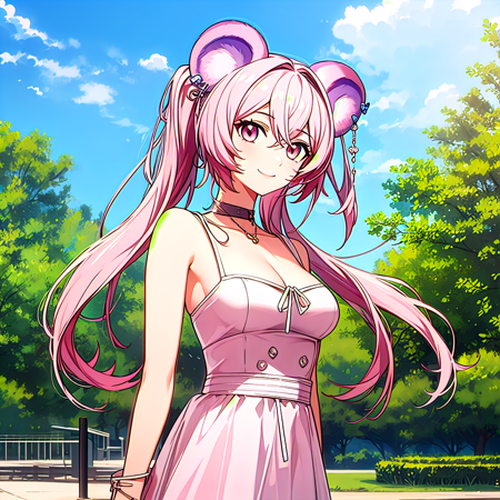 1girl, solo, mouse ears, animal ears, pink hair, twintails, long hair, hair between eyes, pink eyes, smile, casual, cleavage, cowboy shot, outdoors, park