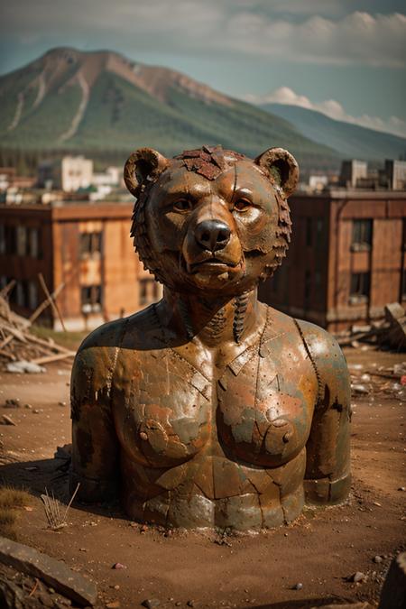 RAW photo, a ruined colossal statue of a bear by <lora:ScrpPltfm:1>, patina, 8k uhd, dslr, soft lighting, high quality, film grain, Fujifilm XT3