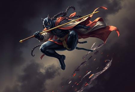 "Illustration of the armed samurai Ben Kei black panther with a clear outfit design, in a dramatic floating pose with a whip, showcasing official details and a fighting posture. From 2018, featuring top light, a stomping foot, and Marvel Japan coloring. High-resolution, 4K, and 8K versions available. Stunning colors, lifelike details, and a handcrafted, high-quality finish. Vivid emotions, dynamic action, and captivating lighting. Trending on Artstation and CGSociety. Inspired by the styles of Raphael, Houdini, and Frank Frazetta."