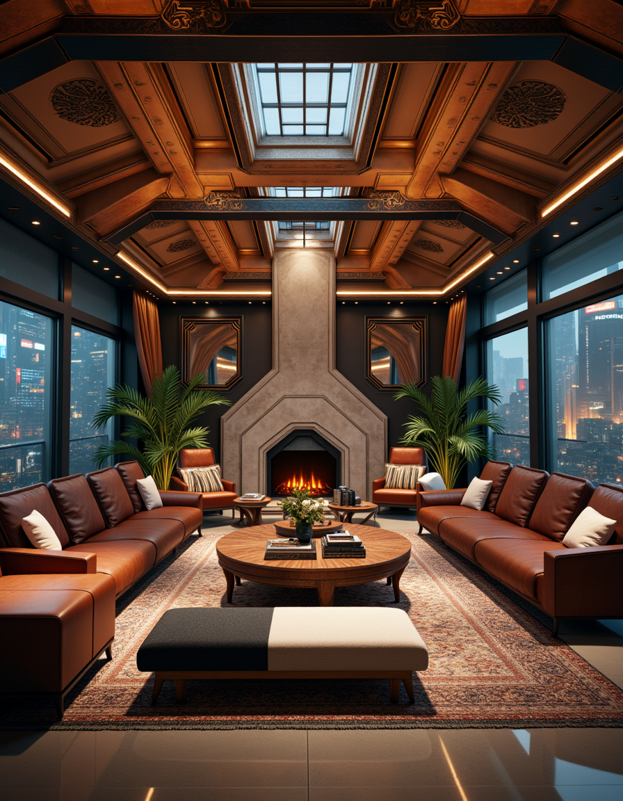 A luxurious living room, with two brown leather sofas, with white pillows, sit opposite one another around a round wooden coffee table decorated with books and a small potted plant. In front of it, a two-tone bench with a geometric black-and-white pattern provides additional seating. At the center of the room stands a fireplace with a unique geometric concrete surround, flanked by two armchairs with striped cushions, accompanied by small side tables. A large area rug sits between the two sofas, and overhead, a skylight bathes the space in soft natural light.  Large floor-to-ceiling windows on either side of the room open up to breathtaking views of a glittering urban skyline at night. Complementing the design, two large potted plants frame the space, introducing greenery to the sophisticated interior. 