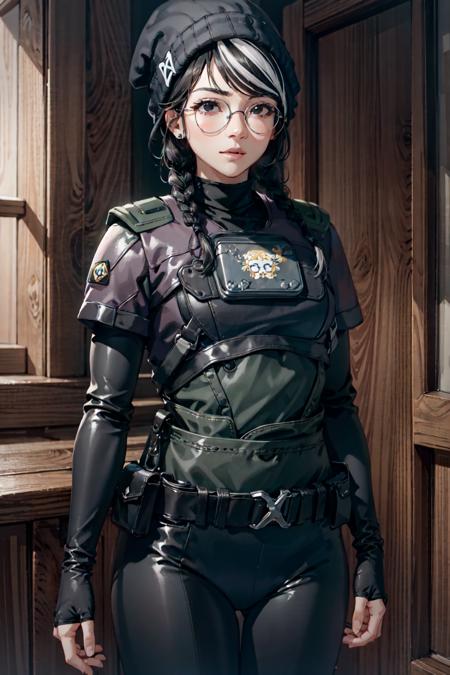 masterpiece, high quality cg, anime, illustration, best quality, 1girl, bound, bondage, beautiful face, detailed face, cowboy shot, dokkaebi, 1girl, solo, looking at viewer,  black hair, braid, glasses, black gloves, belt, pants, black eyes, twin braids, streaked hair, black headwear, bodysuit, black pants, round eyewear, black bodysuit, beanie, hair behind ear, <lora:Dokkaebi:0.9>