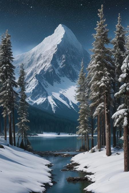 Masterpiece, high-resolution, grainy image, tall mountains, pine forest, lake, snow, galaxy, mountain trail