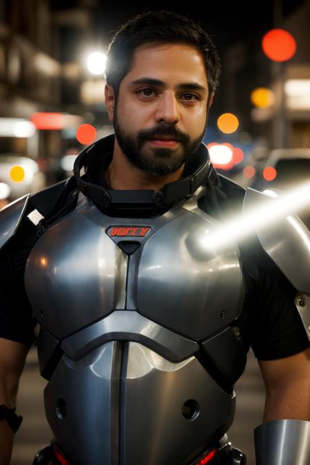 SatyaBhabha, portrait photo of muscular bearded guy in a worn mech suit, ((light bokeh)), intricate, (steel metal [rust]), elegant, sharp focus, photo by greg rutkowski, soft lighting, vibrant colors, (masterpiece), ((streets)), (detailed face)+, eye iris <lora:SatyaBhabhaLora:1>