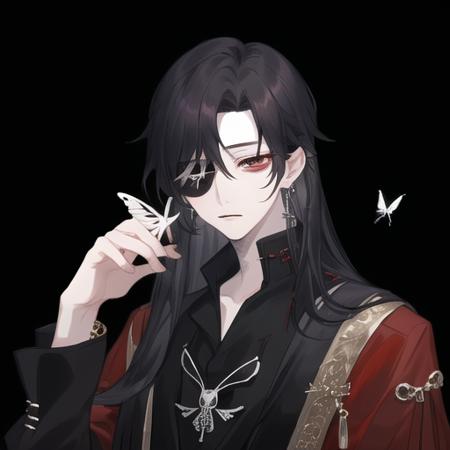 jewelry, earrings, 1boy, red_eyes, long_hair, male_focus, black_hair, solo, simple_background, upper_body, white_background, huacheng, <lora:huacheng:1>,nsfw,silver butterfly on hand, Pirate Eye Mask