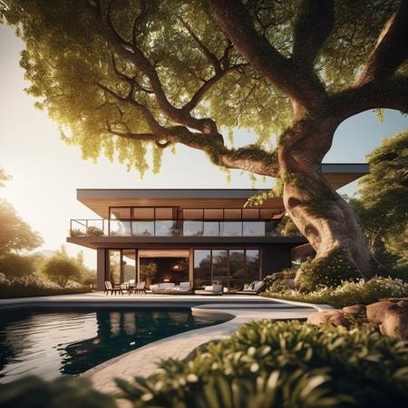 cinematic epic realistic photo,  cinematic photo  (concept archviz villa:1.2) design, modern rustical house, pond in the garden outside,  elaborate terrace,  texture cracked dry treebark (cracked wood style room ) design, lush flowers, green trees with intertwined roots, <lora:treebark-SDXL-s-exp:0.6> . 35mm photograph, film, bokeh, professional, 4k, highly detailed, photorealism, golden hour, Crewson style shadowing, 8k resolution, analog color kodak, film grain, neutral colors,