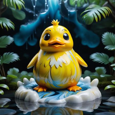 psyduck made of Liquid Marble, pokemon \(creature\), no humans, solo, liquid marble forest background, standing, full body, hands on own head, animal focus, bird, duck made of Liquid Marble, black eyes, yellow, liquid marble feathers, looking at viewer, closed mouth, arms up.