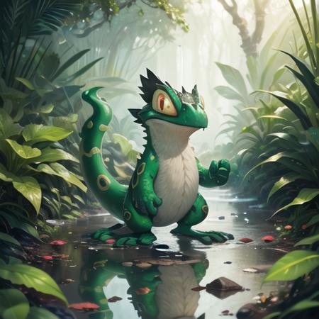 (8k, RAW photo, best quality, masterpiece:1.2), jungle, tropical forest, moisture, tail, green scales, red eyes, long tongue, puddles, steam, sweat, raindrops, vivid colors , techo, <lora:Techo:0.70>