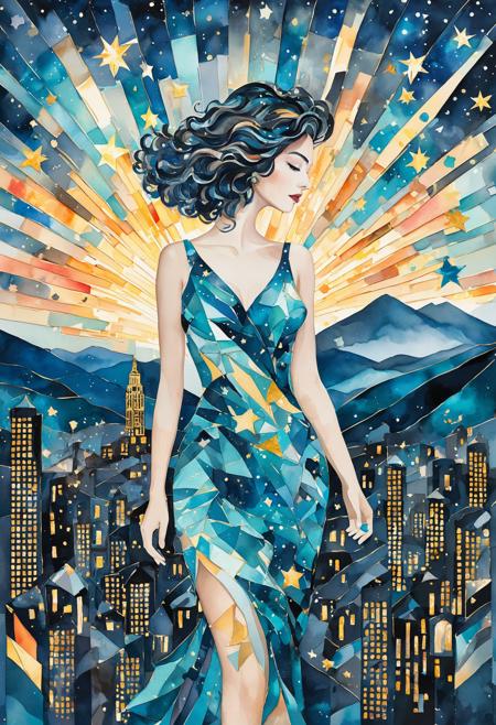 rating_safe, breathtaking detailed, masterpiece, absurdres, awe-inspiring, best quality, vibrant colors, wlae86, a stylized woman standing in front of a glowing night city, expressionist mosaic, abstract art, her body composed of layered watercolor fragments and star patterns, BREAK, skin made of deep blue teal and black paper shapes with white celestial cutouts, galaxy motif across torso and arms, BREAK, hair rendered in flowing layered brushstrokes, cutout curls with visible paper texture, BREAK, background skyline built from stacked watercolor blocks and glowing paper windows, a mountain silhouette in the distance, watercolor sky with soft star gradients   <lora:sdxl_ta86artstyle_water_cut.safetensors:0.5:0.5> <lora:sdxl_ta86artstyle_exp_ink.safetensors:0.3:0.3>