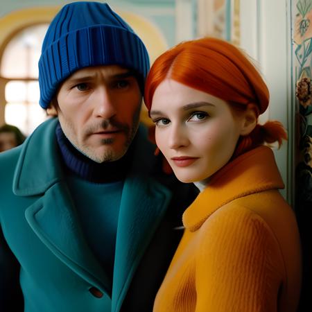 A vivid, intricate, high-detail photograph of Joel and Clementine from Eternal Sunshine of the Spotless Mind in coronavirus quarantine at Yugoslavia’s most baroque hotel & spa, as imagined by Wes Anderson, Sigma 85 mm f/1.4