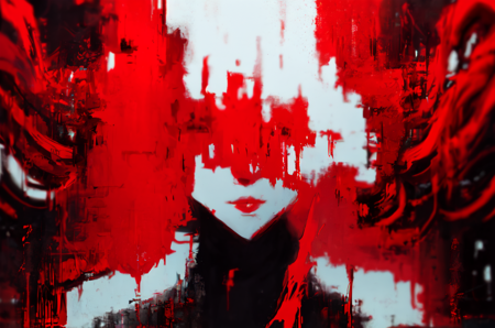 masterpiece, best quality, <lora:last:1.1>, (brush stroke, oil painting \(medium\):0.8), (blurry:1.2), 1girl, (monochrome:0.6), abstract, abstract background, red theme, backlighting, portrait, (glitch:1.1),