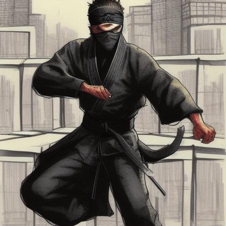 ninja on a dojo roof running and throwing shurikkens , PEN-INK-PORTRAITS-BENNORTHEN