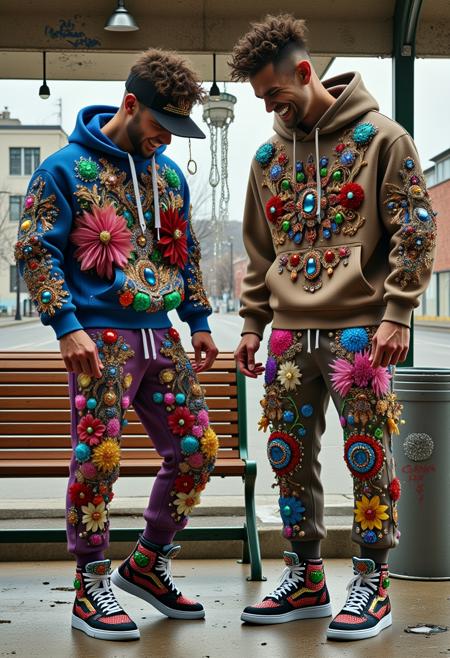 Create a detailed and lively high-resolution photograph of two men in their 20s hanging out at a bus stop in an urban setting. The boys are wearing bl1ngfashion, worn-out jogging suits, sagging baggy sweatpants and oversized sweatshirts reflecting a casual and rugged street style. The man on the right wears bl1ngfashion sweatpants. Both are in a playful and slightly cocky mood, pointing at each other and laughing boisterously, their expressions full of exaggerated amusement. The scene captures a gritty but vibrant vibe, with the bus stop featuring peeling posters, graffiti on the walls, and a dented trash can nearby. Add subtle details like a few scattered soda cans, a torn bench cushion, and faint puddles on the concrete to enhance the realism of the urban backdrop. The lighting should evoke a cloudy afternoon, with muted tones that bring out the humor and camaraderie of the scene.