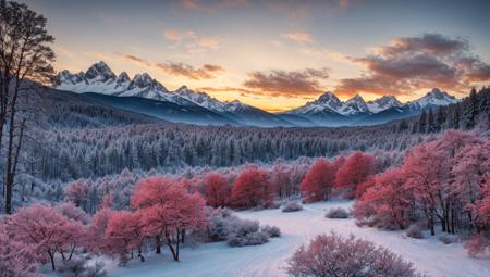 ((masterpiece:1.4,best quality)), cloud,  outdoors
(mountains), spring glade, scenery, sky, winter,
(early morning:1.4),morning red, high detail, abundant, 8k, high detail, wallpaper,