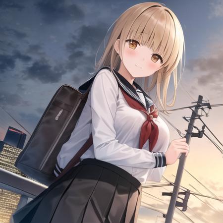 ((masterpiece,best quality)),1girl, Mahiru Shiina, from below, sailor collar, looking at viewer, building, bangs, neckerchief, long sleeves, cloudy sky, power lines, shirt, cityscape, pleated skirt, scenery, blunt bangs, city, night, black sailor collar, closed mouth, black skirt, medium hair, school bag