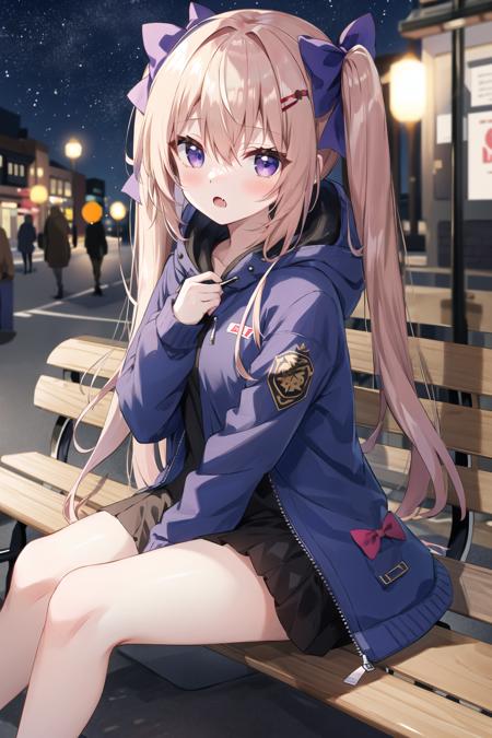 1girl, purple eyes, blush, long hair, twintails,  solo focus, brown hair, bow, bangs, hair between eyes, blue bow, nose blush,  light blush, :o, fang,  very long hair,  breasts,  blonde hair,  fangs,  outdoor, night, street, starry sky, bench, sitting
, hooded jacket, casual,dark night ,night sky, arm hug, open jacket,