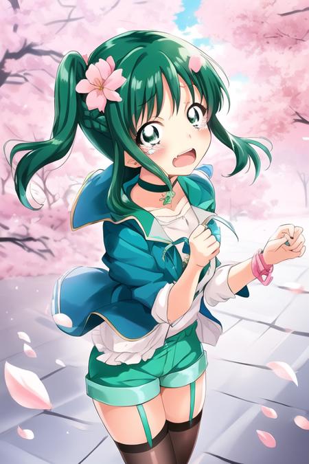 Serizawa Momoka, 1girl, blush, braid, braided bangs, cherry blossoms, choker, french braid, garter straps, green eyes, green hair, hair down, hair ornament, long hair, looking at viewer, matching hair/eyes, open mouth, petals, shorts, solo, tears, thighhighs
<lora:srzwmmk-masked-v1.0-000050:1>