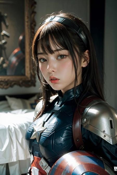 (masterpiece), best quality, perfect face,1girl, the captain america armor suit, <lora:Jiwoo_NMIXX-02:1>