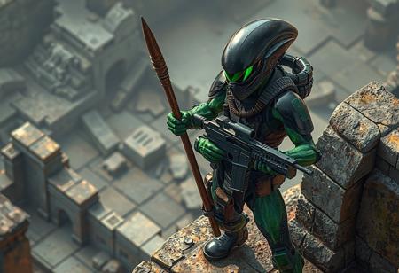 A battle-ready Alien Shocktrooper stands defiantly atop ancient ruins, its emerald-green form contrasting against weathered stone. Clad in a sleek black tactical helmet with advanced goggles, the warrior grips a primitive brown staff in its right hand while brandishing a futuristic black energy rifle in the left. The dynamic isometric composition showcases intricate details: glowing circuitry beneath armored plating, moisture beading on the helmet's visor, and particulate matter swirling in the air.