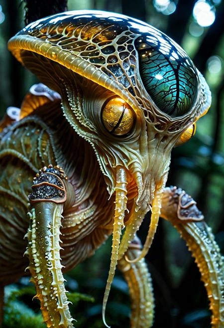 a realistic photo, highly detailed, intricate, beware this otherworldly glowing invertebrate abomination, aptly named "giganotus", with its many legs, this exotic, translucent body, Highly detailed eye, deadly poisonous creature roams the bioluminescent skrunkleshroom forests and psionified jungles of its alien world "Toridor II", where gigantic thorgles and towering grumptrees flumber in the mistgolden ratio, Space terraforming, Alien Flora, hyper detailed, trending on artstation, sharp focus, studio photo, intricate details, highly detailed, by greg rutkowski detailed face, detailed skin
