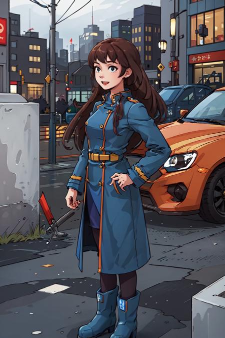 (masterpiece,best quality),1girl,sashaaw,standing,front shot,straight on,outdoors,concrete,city,happy,military uniform,blue coat,long coat,boots, <lora:SashaAW:0.75>, <lora:LORA-XenoDetailer-v2:0.1>