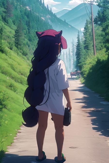 anime, hdr, soft light, ((best quality)), ((masterpiece)), (detailed), <lora:Jahysmol_15_15:0.9> jahysama, 1girl, very long hair, hair flaps, animal ears, shirt, clothes writing, short sleeves, naked shirt, green sandals, school hat, looking at viewer, facing viewer, frown, forest, mountain, backpack