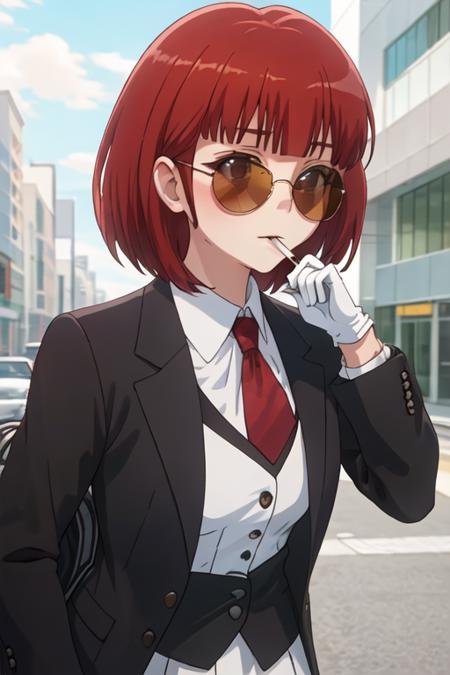 best quality, masterpiece, highres, solo, {black business suit:1.40}, {tie:1.20}, {sunglasses:1.25}, {white gloves:1.15}, {white shirt:1.10}, {black skirt:1.15}, {smoking:1.20}, handsome, {shinoda_akane_nonnonbiyori:1.15}, short_hair, brown_hair, brown_eyes, bangs, blush, anime_coloring, red_hair