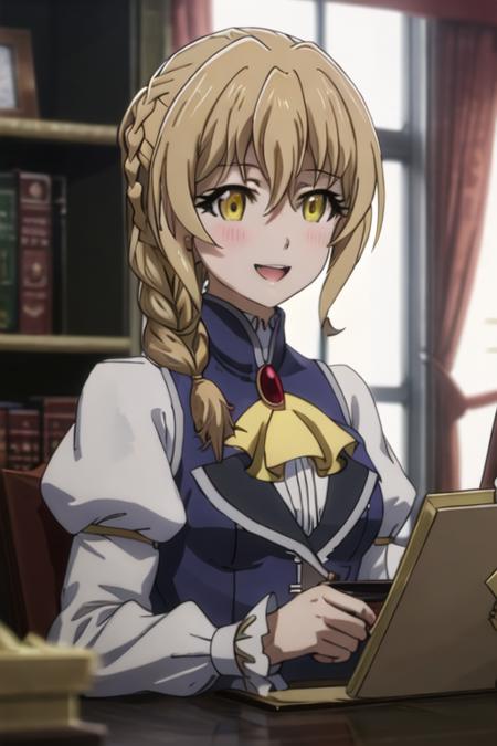 best quality, masterpiece, highres, solo, {guild_girl_goblinslayer:1.15}, blonde_hair, braid, yellow_eyes, long_hair, ascot, hair_between_eyes, smile, anime_coloring, blush, long_sleeves, multiple_girls, open_mouth, jewelry, 2girls