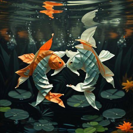 master piece, high quality, 2 koi, swimming around each other, yin yang, in a pond, J_origami,