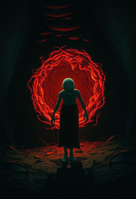 An eerie, surreal scene captured as if it were trail cam footage, depicting a strange, hairless figure stepping cautiously in front of a grotesque, inflamed conduit that seems to pulse with hunger and life. The composition blends the rich, detailed chiaroscuro of Dutch Golden Age painting with the exaggerated, stylized expressions of manga, creating an unsettling contrast between realism and the fantastical. The figure is bathed in moody shadows, with intricate, almost gothic detailing reminiscent of Harry Clarke’s haunting illustrations, while the conduit glows with a menacing, otherworldly light. The scene captures a dark, foreboding moment, filled with tension and mystery.