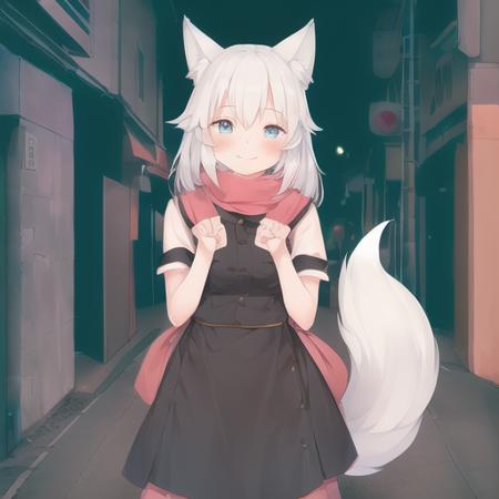 1girl, (best quality:1.5), standing on street, cowboy shot, blush, smile, wolf ears, wolf tail