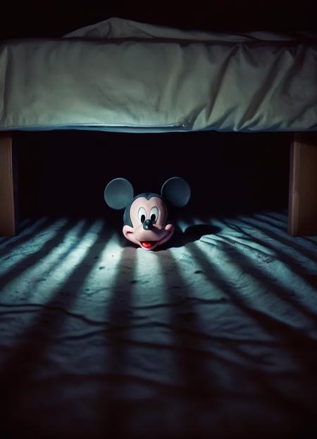 <lora:ral-ertmsphr:0.65> ral-ertmsphr,  Mickey Mouse under the bed, glowing Eyes, at night