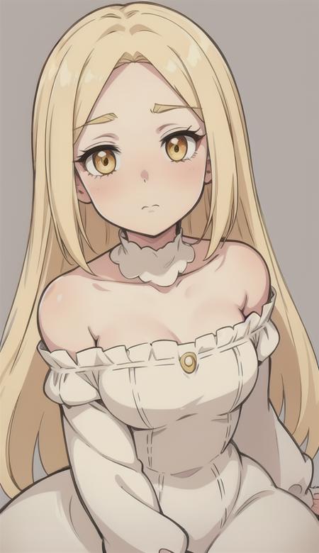 <lora:Elaine:1>  Straight blonde hair, golden eyes with thick lashes, neutral expression, white off-shoulder dress with stitch detail, fair skin