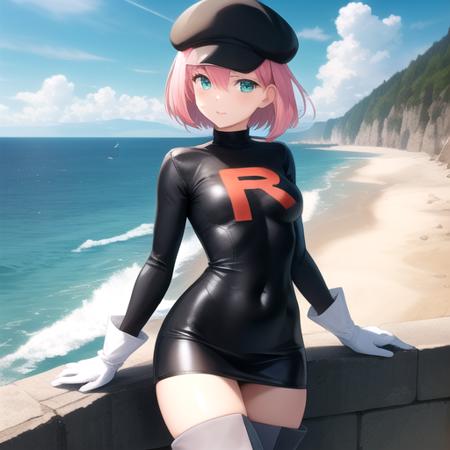 ((masterpiece)),(best quality),official art,extremely detailed CG,unity 8k wallpaper,ultra detailed,A lighthouse on a cliff by the sea,1girl,solo,cowboy shot,looking at viewer,belt,grey gloves,thigh boots,grey boots,black headwear,green eyes,covered navel,cabbie hat,black hat,pink hair,clothes writing,short hair,short dress,black dress,pokemon (game),pokemon lgpe,team rocket,team rocket grunt,team rocket uniform,medium breasts,aqua eyes,<lora:Team Rocket Grunt(pok)>,