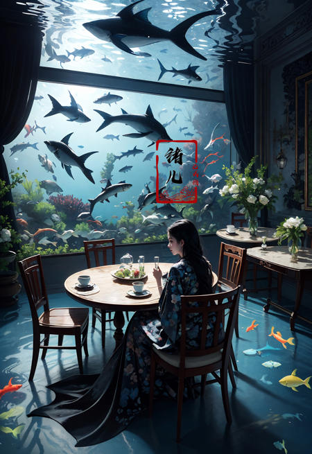 1girl, fish, chair, table, solo, sitting, black hair, scenery, lantern, teapot, flower, cup, teacup, long hair, floral print, from behind, indoors, lamp, dark, underwater
<lora:~Q?-mw^NuL Underwater world:0.8>