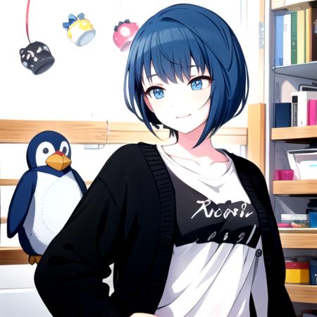 <lora:HarukaV2-07:0.75>,harukachan, smile, shirt, long sleeves, holding, closed mouth, collarbone, jacket, white shirt, upper body, open clothes, black jacket, bird, stuffed toy, cardigan, stuffed animal,pencil, earphones, penguin, drawing, stuffed penguin