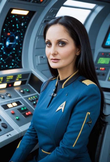 1girl, sci-fi portrait photography, Ava Addams, heavyset, Star Trek - The Next Generation, wearing classic blue Starfleet uniform, empathic expression, dark hair, strong features, sitting confidently on the bridge of the USS Enterprise, futuristic starship interior, medium shot framing, eye-level camera angle, advanced technology and control panels in the background, calm and introspective mood, soft ambient lighting, subtle color palette, inspired by 1980s and 1990s sci-fi aesthetics, 1girl, sci-fi portrait photography, Ava Addams, heavyset, Star Trek - The Next Generation, wearing classic blue Starfleet uniform, empathic expression, dark hair, strong features, sitting confidently on the bridge of the USS Enterprise, futuristic starship interior, medium shot framing, eye-level camera angle, advanced technology and control panels in the background, calm and introspective mood, soft ambient lighting, subtle color palette, inspired by 1980s and 1990s sci-fi aesthetics, solid colors, full detail, sharp focus, faithful cinematic quality, highly detailed, extremely very inspirational, intricate, innocent, rich deep aesthetic, beautiful, dramatic light, majestic, magical, fascinating, marvelous, epic, stunning, gorgeous, breathtaking, creative ,  <lora:sd_xl_offset_example-lora_1.0:0.1>,  <lora:Ava_Addams_SDXL:0.7>