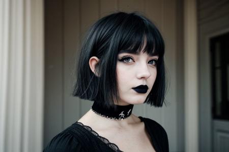 Teen brunnete nordic goth girl | tattoo | dark | Adult | On street | High quality | gothic makeup | realistic | informal | cute girl | bob cut hair | choker | solo | black hair