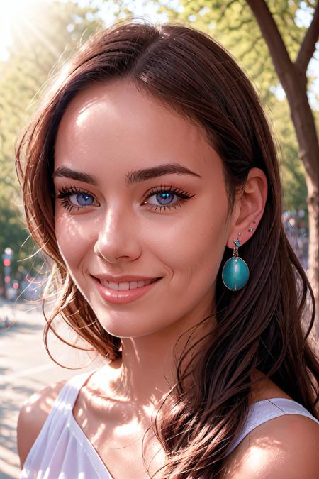 Photorealism Style,  bare shoulders,  day,  portrait,  dappled sunlight,  closed mouth,  close-up,  jewelry,  blurry background,  eyelashes,  smile,  forehead,  solo,  1girl,  looking at viewer,  outdoors,  brown hair,  lips,  blurry,  long hair,  earrings,  makeup,  blue eyes, <lora:EMS-49351-EMS:0.800000>